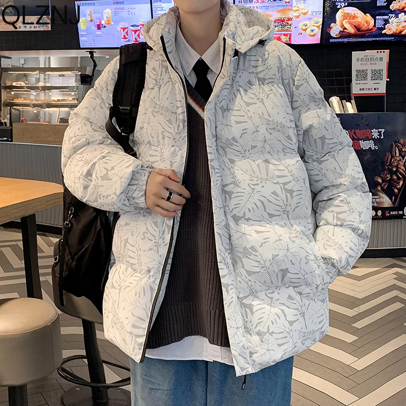 

Leaf Print Parkas Men Winter Warm Down Cotton Padded Hooded Jacket Windproof Outerwear Oversize Fashion Casual Quilted Coats Top