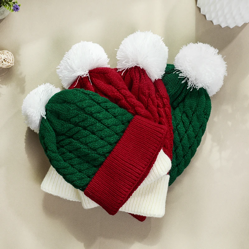 Christmas Knitted Hat Winter Warm Cute Fluffy Ball Santa Hat New Year Kids Gift Navidad Noel Beanie Decor Xmas Party Decor