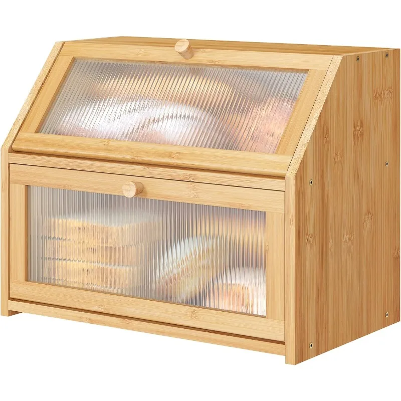 Large Bamboo Double Layer Bread Box for Kitchen