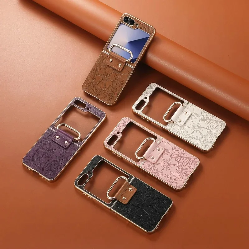 Leather Embossed Flower Phone Case with Ring Buckle and Electroplated Shockproof Design