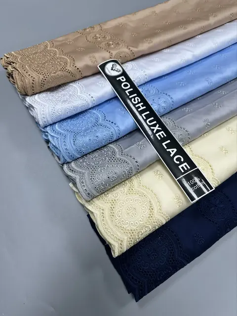 African Nigerian 100%Cotton Polish Luxe Satin Embroidery Fabric High Quality Swiss Voile Lace Material For Men Dubai Style 1