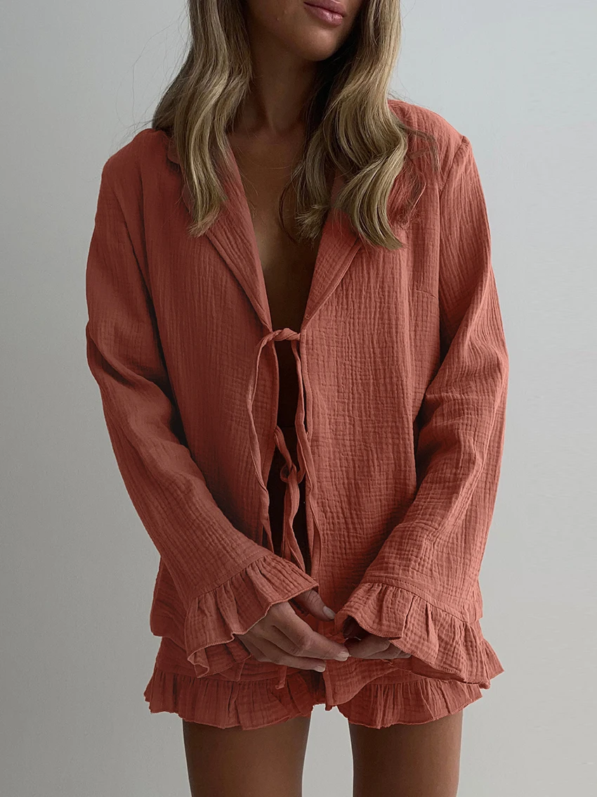 Marthaqiqi Home Clothes Women Sexy Turn-Down Collar Sleepwear Long Sleeve Nightgowns Lace Up Pajama Shorts Casual Nightwear Suit