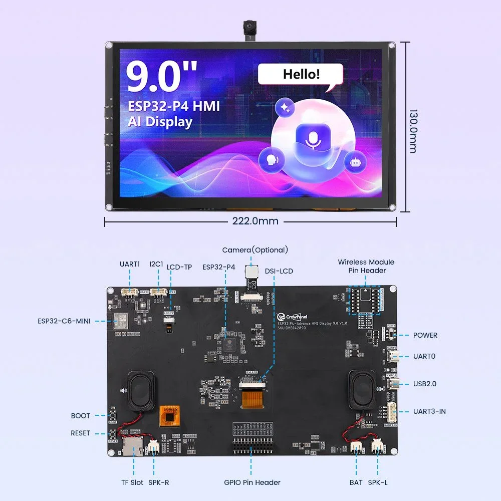 CrowPanel Advanced 9인치 ESP32-P4 HMI AI 디스플레이 1024x600 IPS 터치 스크린 WiFi 6 아두이노/LVGL/마이크로파이썬 호환