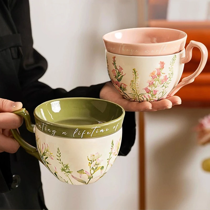 Chinese Style Ceramic Gift Cute Mug, Home Personal Office Creative Hand Drawn Flower Patterns, Milk Water Coffee Cup, 460ml, 1Pc