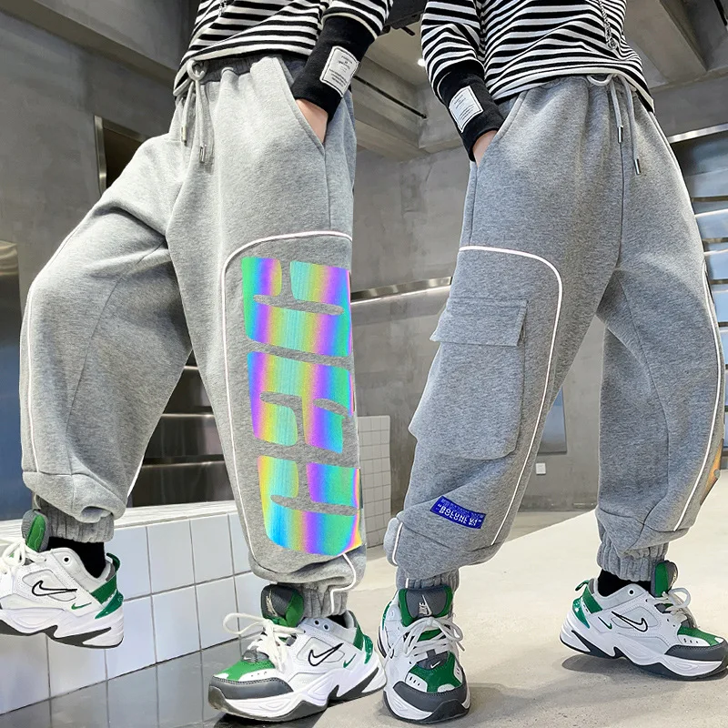 

Boys Fashion Casual Sweatpants Autumn Winter Plush Thick Trousers Letter Reflective Design Elastic Waist Pants for Teens 4-14 Y