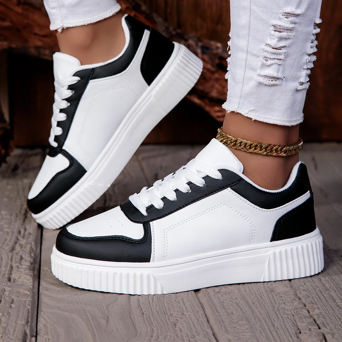 ZERJER Unisex Sneakers, New Arrival Large Size Classic Retro Men's Sports Skate Shoes, White Thick-Soled Tennis Shoes, Solid Col 2
