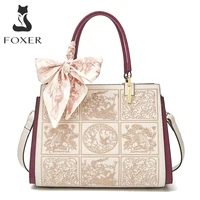 FOXER Women Shoulder Handbag New Fall Winter Office Crossbody Lady Medium Tote Chic Split Leather Silk Scarf Printing Pocket Bag