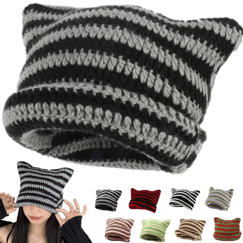 Y2K Japanese Streetwear Harajuku Beanie Hat Little Devil Striped Knitted Hat ForWomen Girls Autumn Winter Cute Cat Ears Cap 1