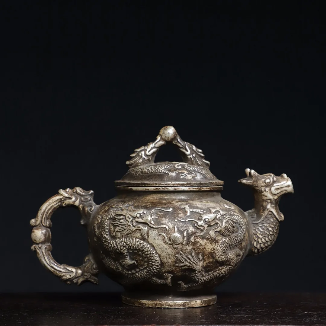 8 "Tibet Temple Collection Old Bronze Gilding Silver Double Dragon Head Dragon Pattern Pot Nascondere Bollitore Teiera Ornamenti