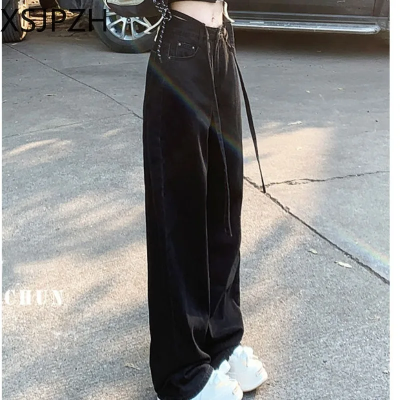 

2023 Spring Autumn Hin Thin Women Black Jeans High Waisted Wide Leg Pants Fashion Female Denim Trouser overall S-5XL