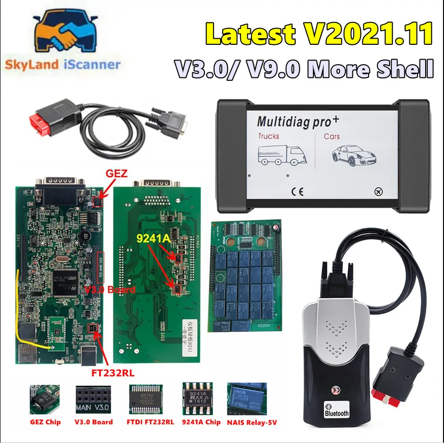 Multidiag Pro+ .R3 .11 .23 BT USB V3.0 V9.0 Dual Green PCB Board TCS PRO+ Red Blue NEC Relays Car Diagnostic Scanner