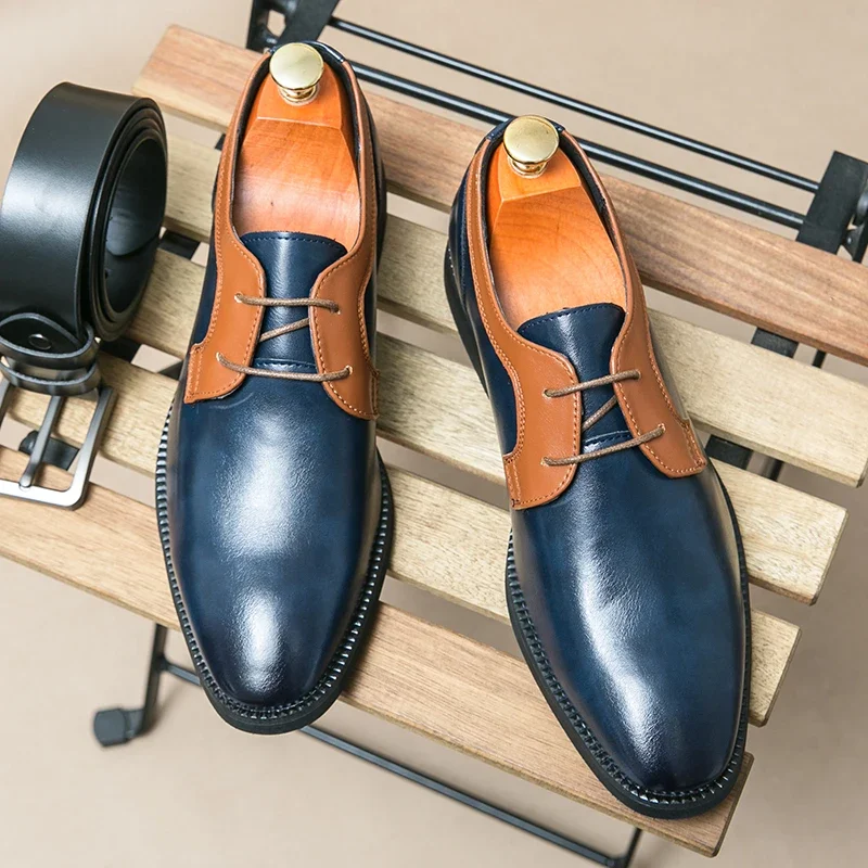 New Derby Shoes for Men  Mixed Colors Lace-up Round Toe Fashion Business Men Dress Shoes Pu Leather  Men Shoes