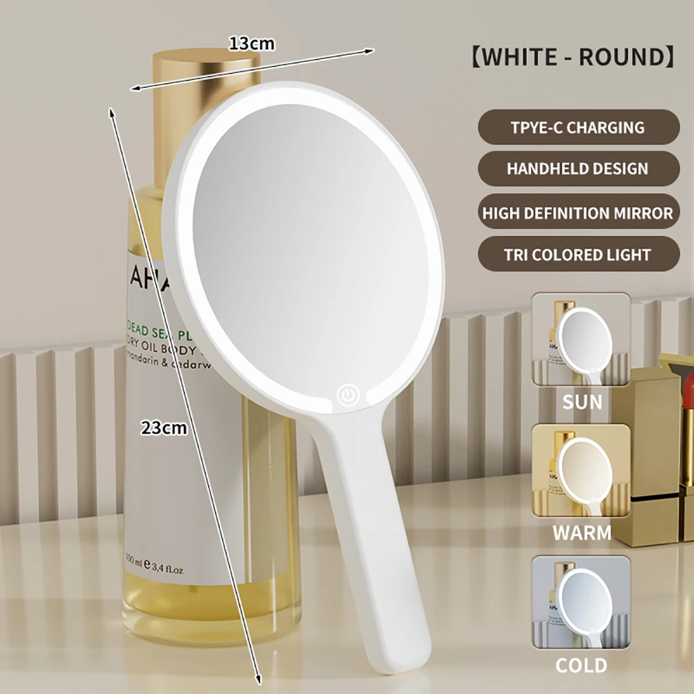 LED Smart Makeup Mirror Hand-held Carry 3 Colors Adjust Bright with Touch Screen Cosmetic Tabletop Vanty Mirror Travel Home Use