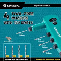 Libraton Rivet Gun Kit, Heavy Duty Manual Riveting Tool 1PC with 120 Blind Rivets, 4 HSS Drill Bits, 4 Tool-free Interchangeable 2