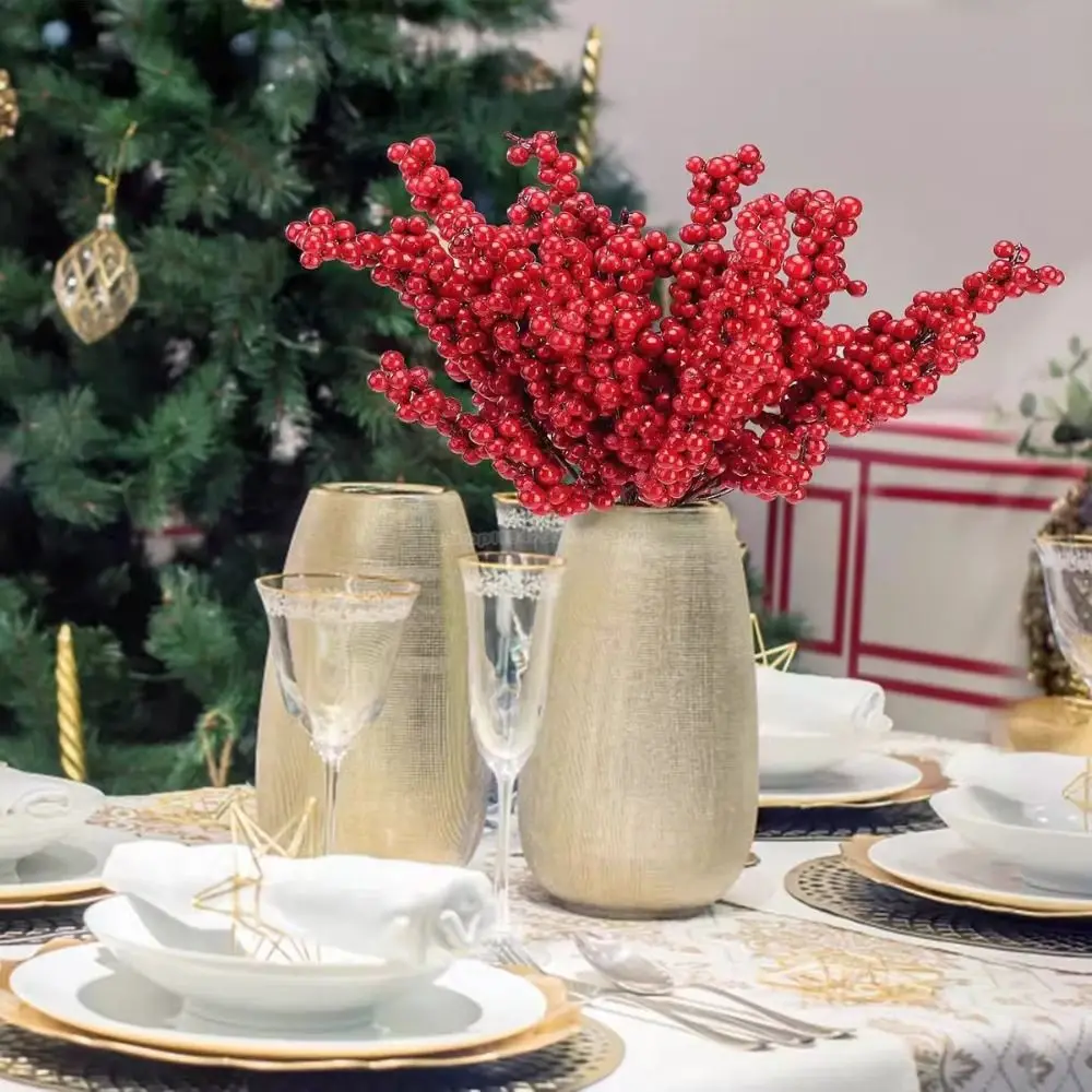 DIY Red Berry Branche Realistic Snow Frosted Artificial Holly Berries Reusable Wreath Decor Fake Plant Christmas Tree Decor