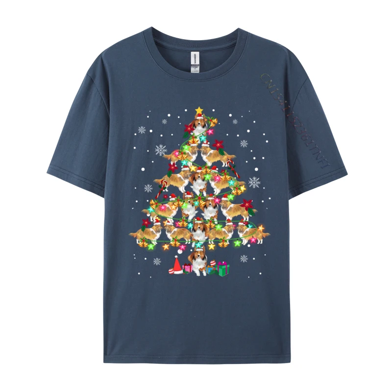 Casual T Shirts Custom Short Sleeve Classic Round Collar 100% Cotton Tops & Tees Personalized Tops Shirts for Men Summer/Fall Shetland Sheepdog Christmas Tree Funny Sheltie Christmas navy