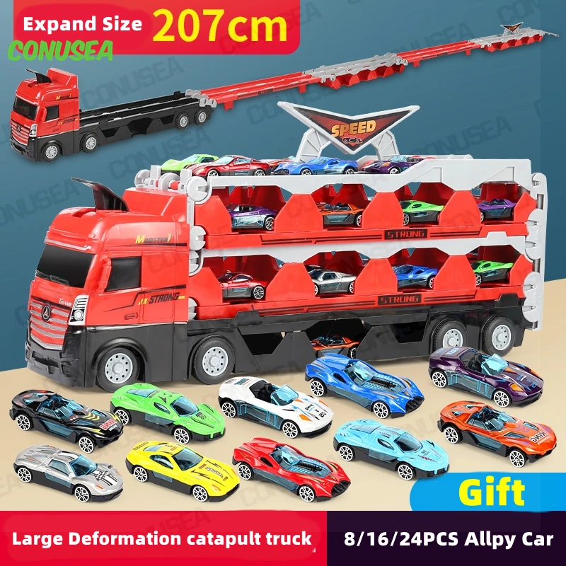 24/16/8PCS Alloy car 207CM Large transport truck Toys Transporter Racing Catapult Car Model Kids Children Toy Car Ejection Game