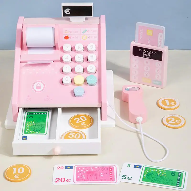 Wood Toy Cash Register Pretend Play Money Counting Toys Cash Register Play Money Strong Cashier Toy With Scanner And Credit Card 4
