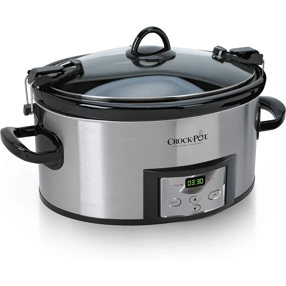 

6 quart cooking and portable programmable slow pot with digital timer, cover washer, stainless steel