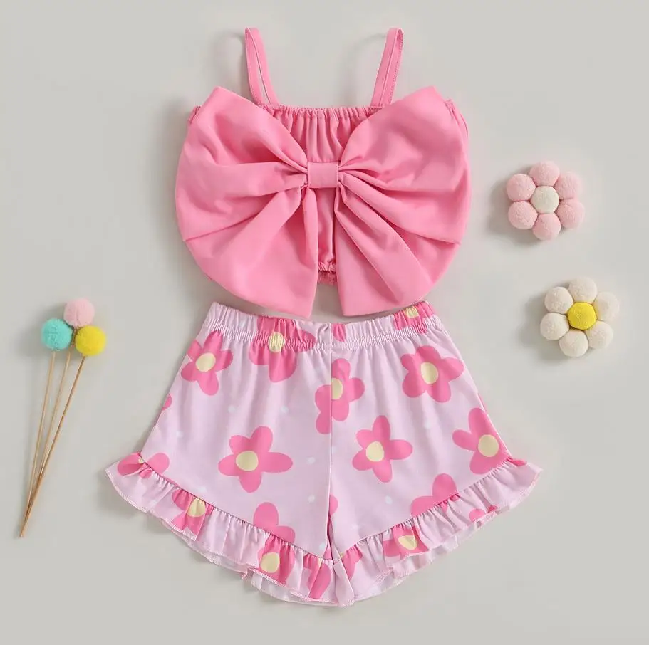Summer Kid Girl Casual Short Pants Outfits Short Sleeve Pattern Printed Tie Knot Decor Tops Ruffles Decor Shorts Set