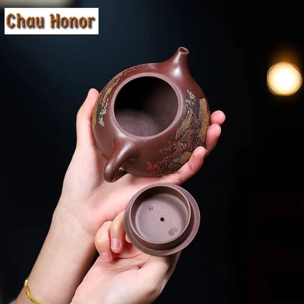 240ml Yixing Purple Clay Teapots Famous Handpainted Stone Scoop Tea Pot Raw Ore Purple Mud Kettle High-end Zisha Tea Set Gifts