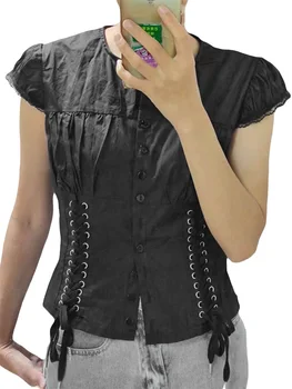 Women Lace Tops 1/4 Sleeve Round Neck Ruffle Buttons Party Casual Spring Summer Black Shirt 5