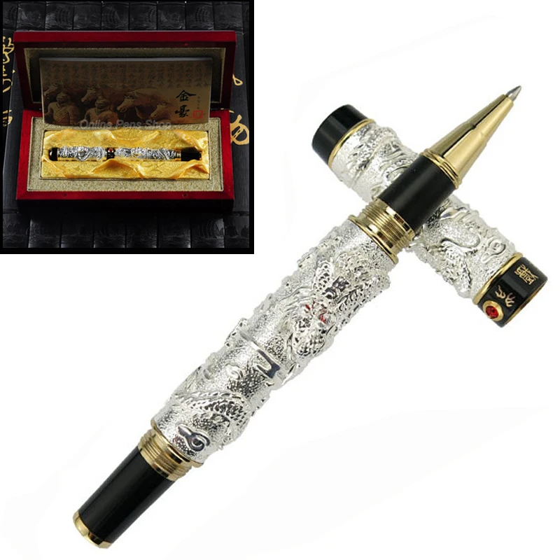 Jinhao Vintage Silver & Black Roller Ball Pen Double Dragon Playing Pearl Metal Carving Embossing Heavy Pen Writing Gift Pen