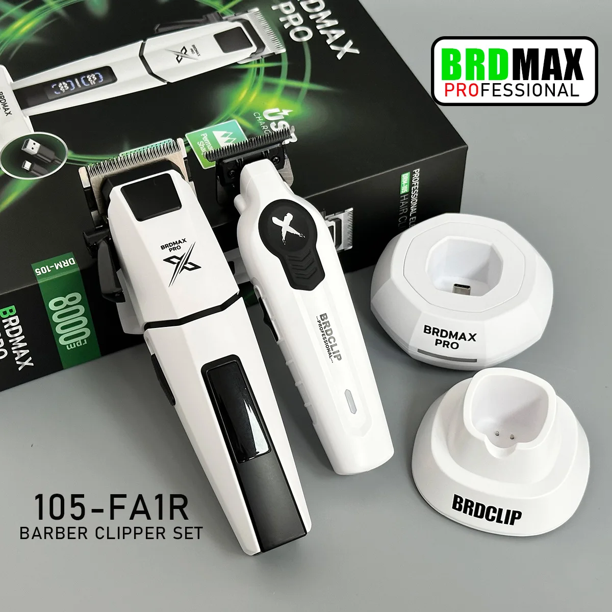 BRDMAX PRO DRM105 8000RPM 무선 헤어 클리퍼 FA1T 이발사 트리머 세트 전문 살롱 전기 헤어 커팅 머신