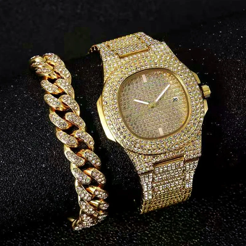 2PCS Iced Out Cuban Chain Bracelet Watch for Men Iced Out Watches Jewelry Set Mens Hip Hop Gold Diamond Mens Watch Reloj Hombre