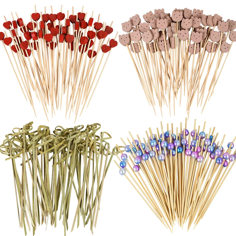 Bamboo Sticks 100Pcs Disposable Hawaiian Flamingo Pearl Cocktail Picks Food Fruit Forks Wedding Birthday Party Decor
