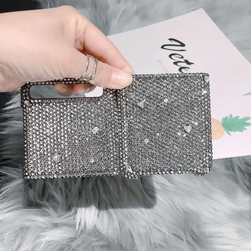 Silver Rhinestone Handmade Phone Case for Samsung Galaxy Z Flip Z Flip 4 ZFold 3 ZFold 2 5 Folding Screen Back Cover