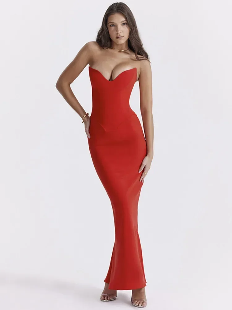 

XIZOU Strapless Off-shoulder Sexy Maxi Dress for Women Gown 2024 Fashion Elegant with Fishbone Bodycon Night Club Party Dress