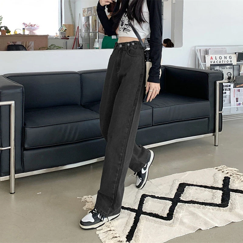 여성용 하이웨이스트 와이드 레그 청바지, 스트레이트 라지 사이즈, 팻 mm, 루즈 니치, 블랙 그레이, 얇은 스트레이트 팬츠, 용수철 및 가을