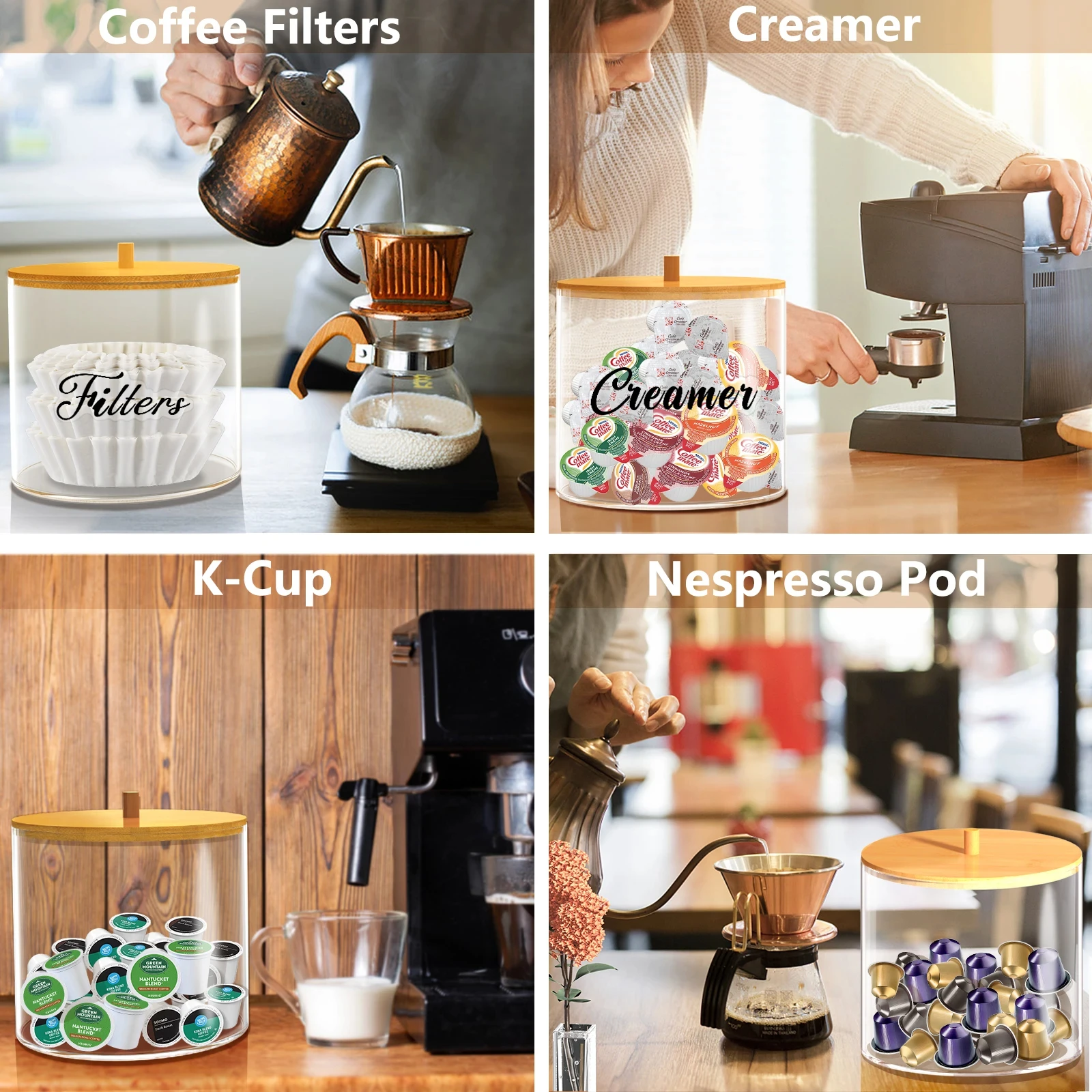 Coffee Capsule Storage Box With Bamboo Lid Acrylic Capsule Container Coffee Pod Holder Coffee Filter Organizer For Kitchen 6