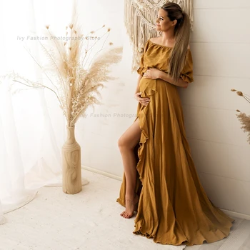 Bohemian Pregnancy Dress Side Split Ruffle Edge Vintage Comfortable Linen Dress Comfortable Linen Boho Style Baby Shower Dress