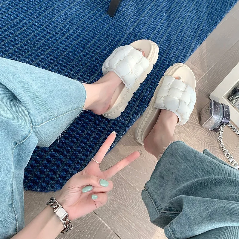 2022 Flats Shoes Woven Soft Women's Slippers Platform Summer Muller Slippers Outdoor Leisure Slip On Slides Open Toe Bread Shoes