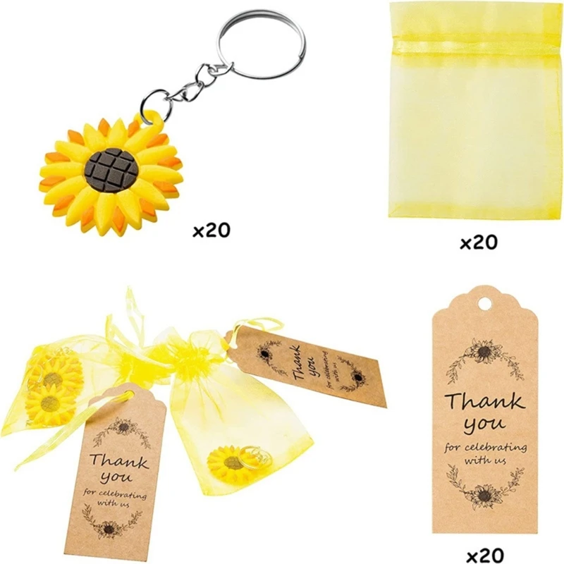 20 Sets Sunflower Party Favor Keychains Organza Bags Thank You Kraft Tags School Rewards Summer Theme Party Supplies