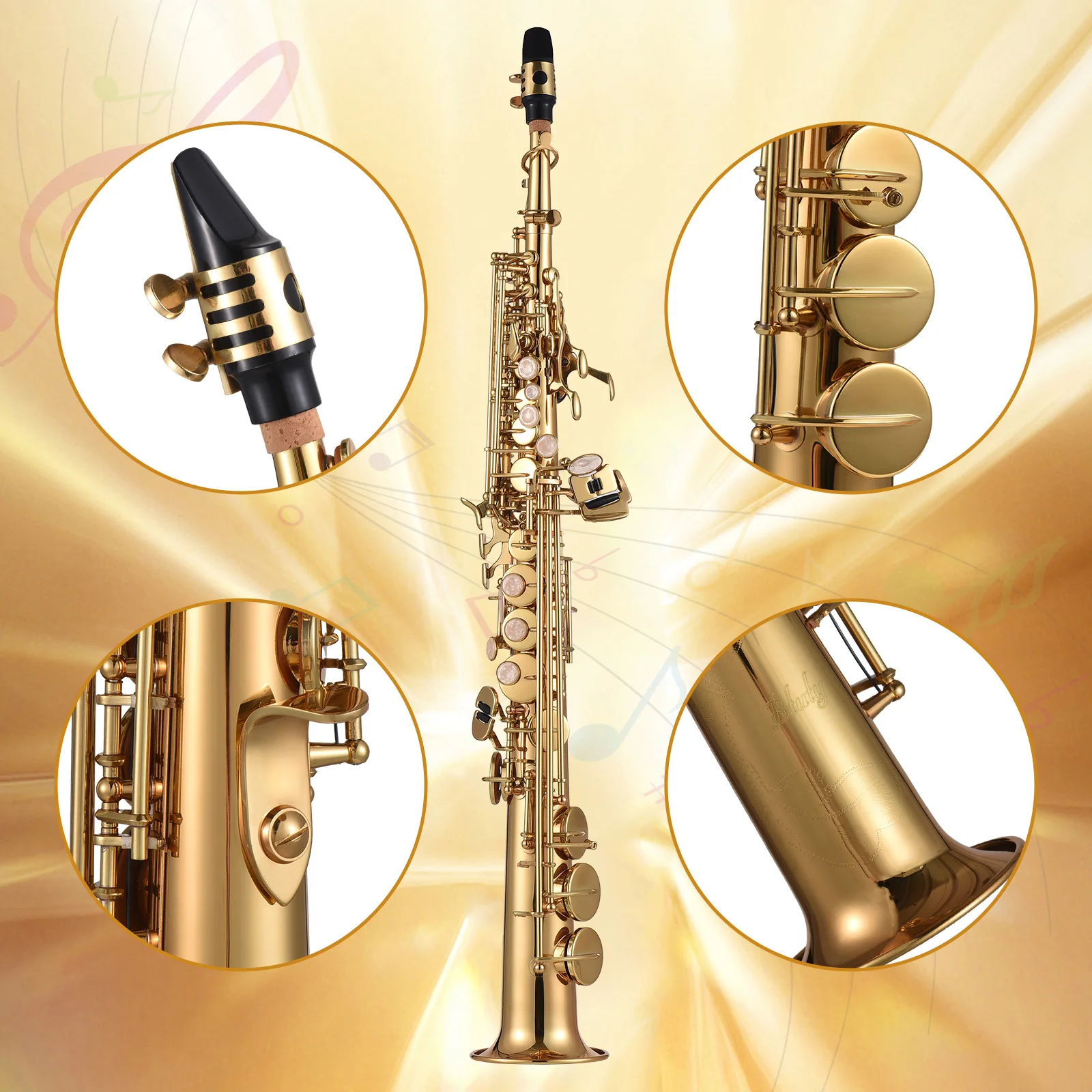 Btuty Soprano Sax Straight Saxophone Brass Bb B Flat Woodwind Instrument for Student Beginner Professional Natural Shell Key
