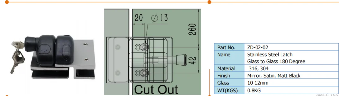 Description Picture 2 of itemZD Stainless steel Pool fencing hardware 180 degree glass to glass door latch