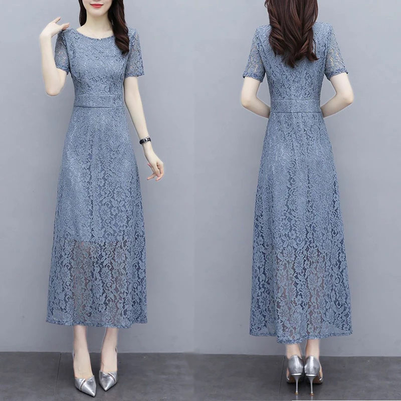 

Women Lace Patchwork Bodycon Dress Office Lady Elegant High High Waist Long Dress Summer Vintage Short Sleeve Vestidos De Fiesta