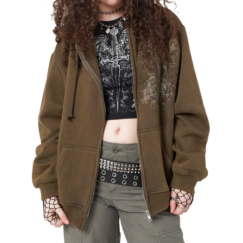 

Women Long Sleeve Hoodies Coat Fall Winter Vintage Print Adjustable Drawstring Zipper Closure Side Pockets Thick Hooded Outwear