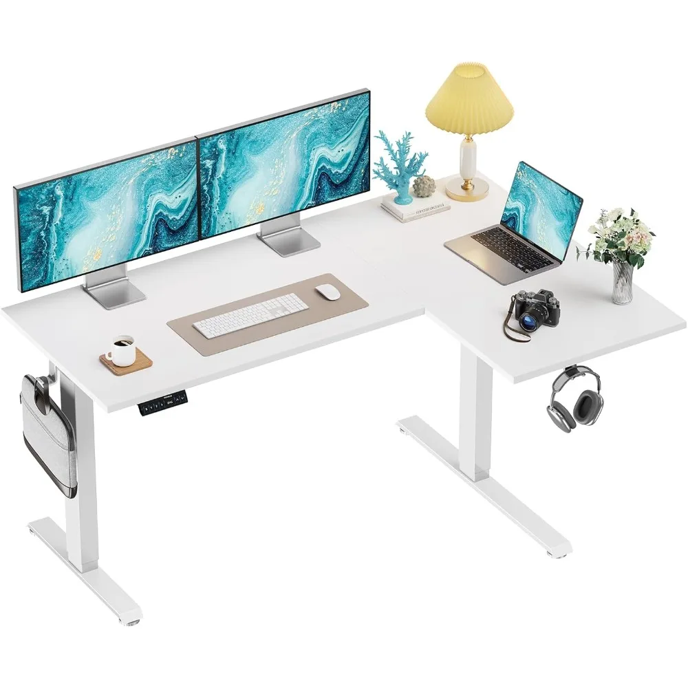 63x40 inch Dual Motor L Shaped Electric Standing Desk with 3 Preset Heights, Electric Height Adjustable Computer Table, 2 Hooks