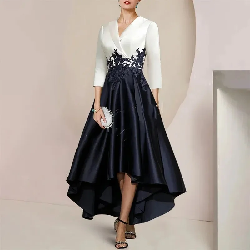 ElegantWhiteBlackMotheroftheBrideDressVNeck34SleevesSatinLaceAppliques.jpg