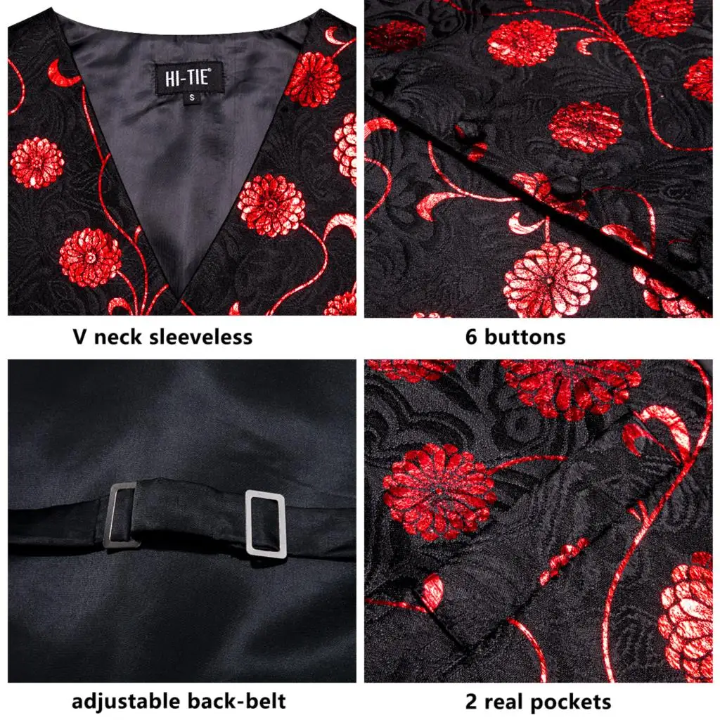 Hi-Tie Black Red Floral Silk Mens Vest Tie Set Jacquard Waistcoat Sleeveless Jacket Necktie Hanky Cufflinks Wedding Business XXL 5
