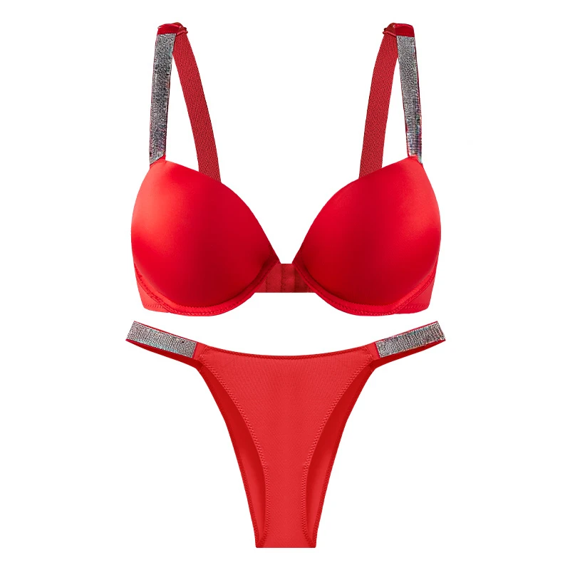 Sexy Trend Straps Rhinestone Lingerie Push Up Bra and Thong Set Comfortable Brassiere Adjustable Gathered Underwear Wholesale