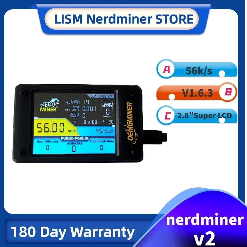 NerdMiner V2 Pro Miner Bitcoin – 117KH/s, ESP32-S3, Display TFT 1.9”, WiFi/BLE 5.0 – Modalità Orologio E Mining Lotteria BTC In Solitaria – Kit Aggiornabile