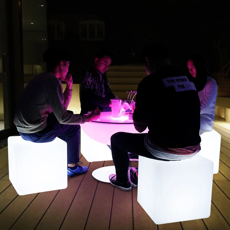 

Bedroom Furniture Color Changing LED Square Bar Stool Plastic Garden Lighting Sets Cube Night Table Luminous Home Chair Riq-50