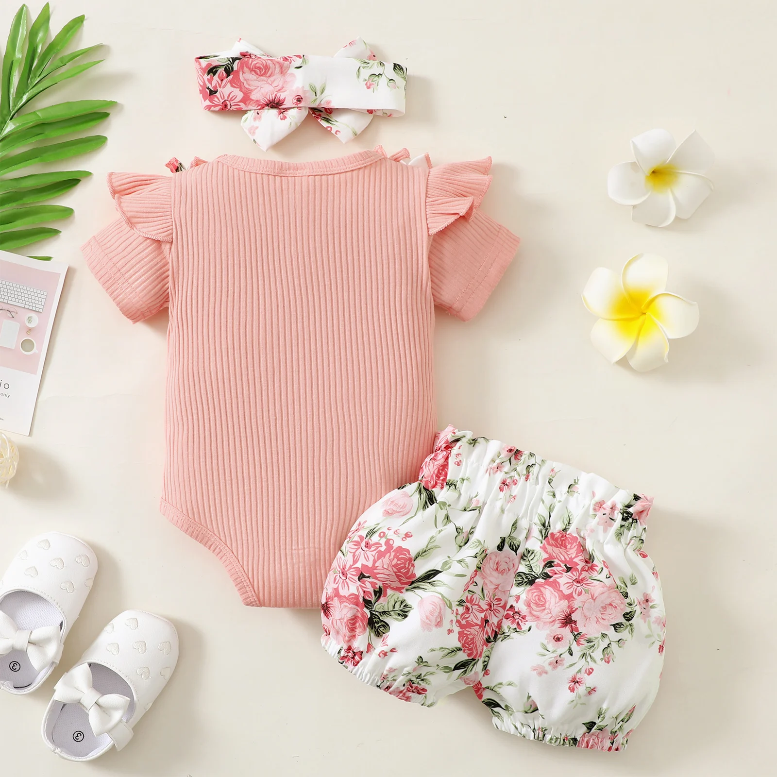 Fashion Summer Newborn Baby Girl Clothes Set Short Sleeve Ruffle Romper Tops Floral Print Shorts Headband Infant 3Pcs Outfits 2