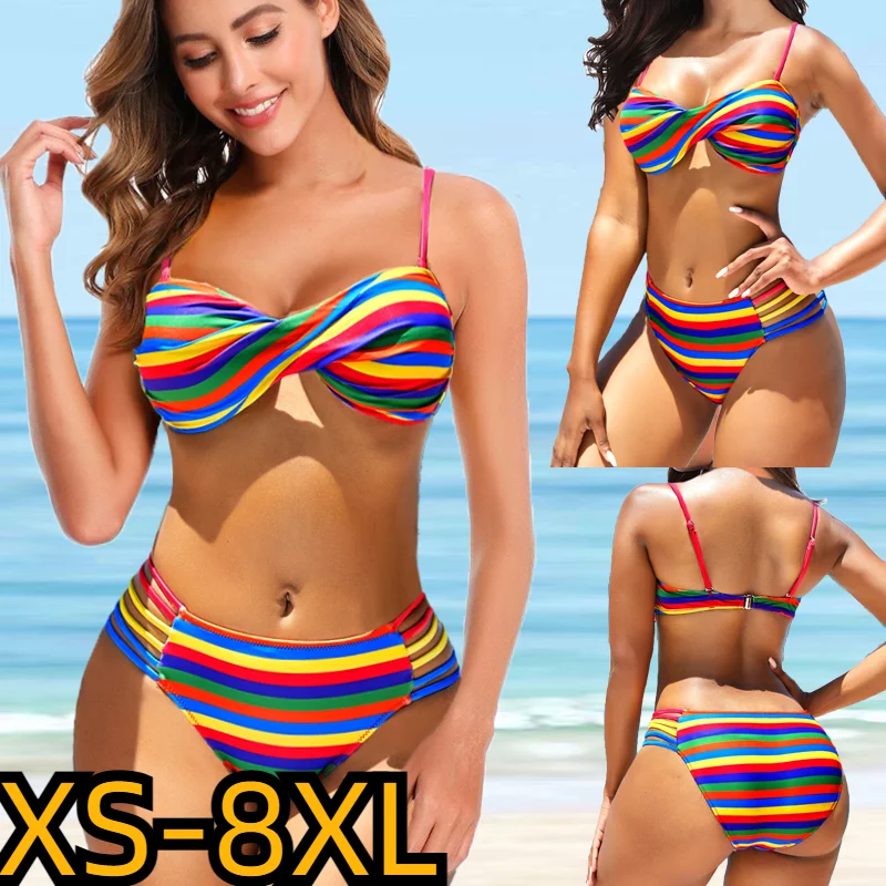 

2022 New Women Rainbow Print High-Waist Bikini Sets Swimsuit Summer Female Sexy Loose Two Pieces Swimwear Beach Bathing Suits