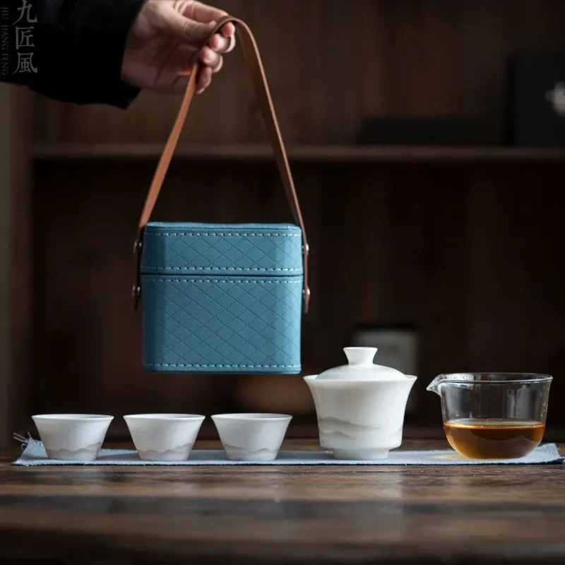 

Porcelain Tea Cups and Teapot Set, Sheep Fat Jade Porcelain Service, , Tea Ceremony, Portable Leather Bag, Kung Fu Travel Tea Se